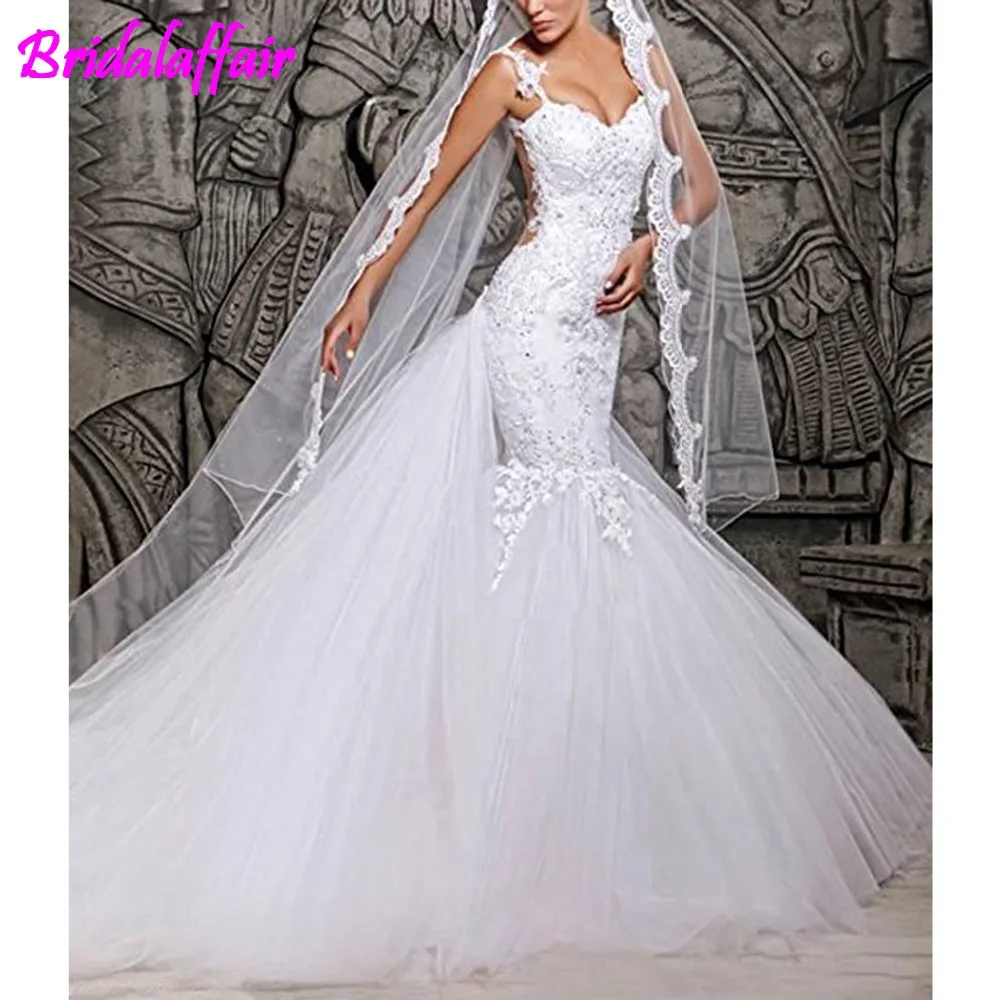 Женское кружевное платье-Русалка с открытой спиной на бретельках, свадебные платья большого размера, свадебные платья, халат de Mariage, белое свадебное платье из тюля
