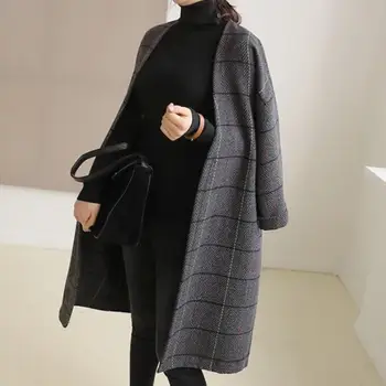 

Women Woolen Coat Autumn Winter Cassic Simple Long Plaid Cardigan Coat Trenchcoat Wool Coat Vintage Plus Size