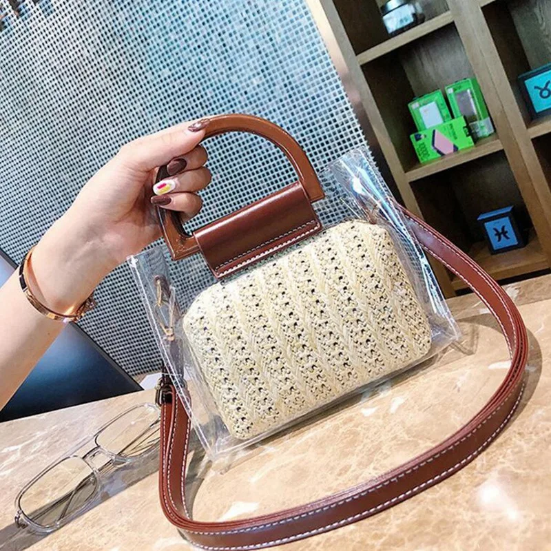 

AUAU-Women Clear Bags Summer Straw Crossbody Shoulder Bags Two Piece Women Transparent Bags Handbag Clutch Purse