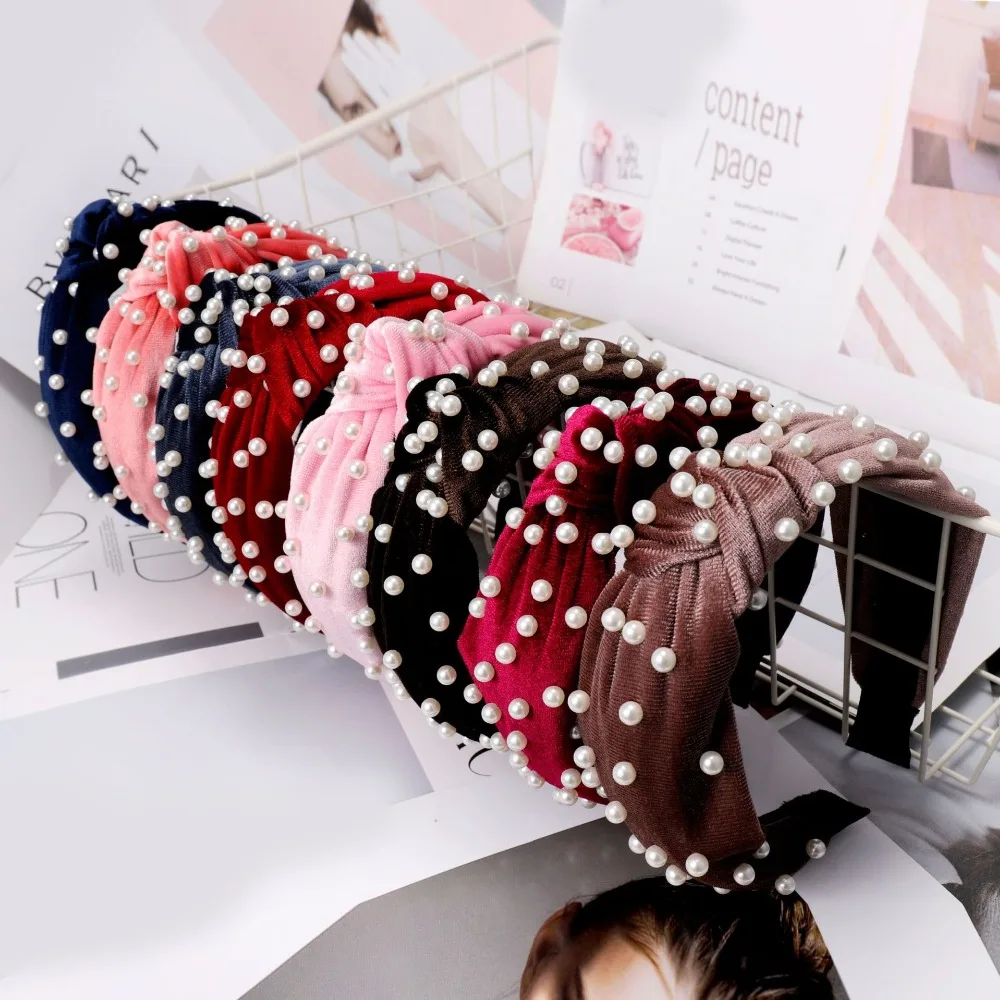 

New Bohemian Solid Color Soft Velvet Center Knot Wide Hairband with Pearl Hair Clips Knotted customized Hair Accessories Women