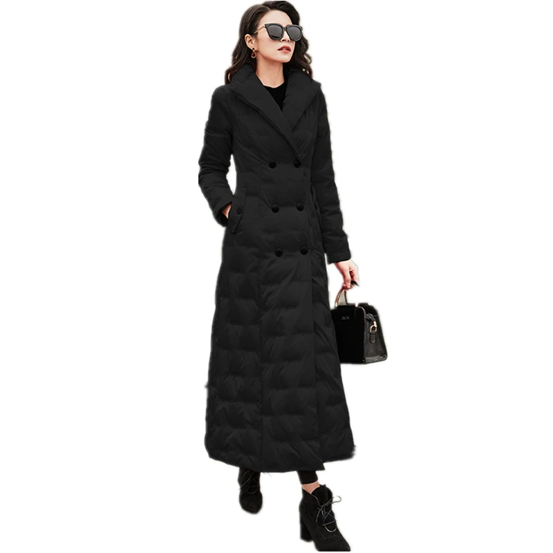 

New Fashion Winter White Duck Down Jackets Female Solid Embroidery Double-breasted Stand Collar Long Coat Women Puffer Jacket