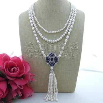 

N101609 18" 3 Strands White Pearl Necklace CZ Pendant