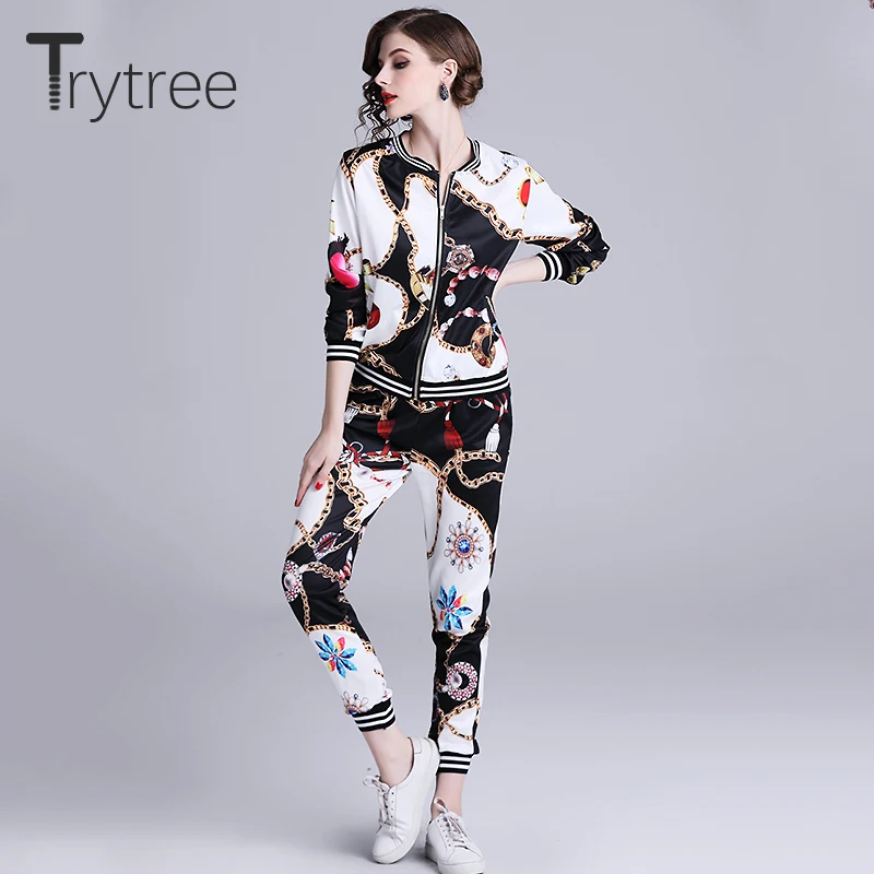

Trytree Autumn Silky Thin Women Print two piece set Casual O-Neck Zipper tops + pants Elastic Waist Female Suit Set 2 Piece Set