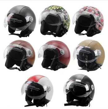 

Free shipping leather Motorcycle Half Face Helmet Vintage Capacete motocross Casco moto electric bicycle safety casco red white