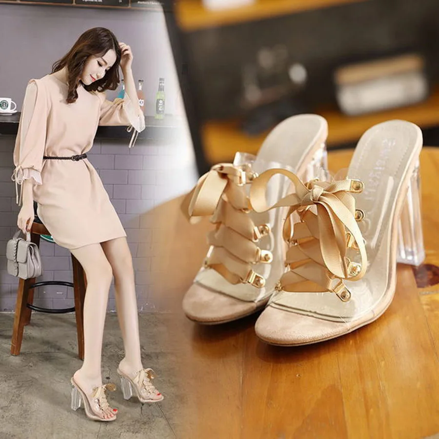 

Explosion Models New Fashion Thick with Versatile Rome Women's Slides Crystal Transparent High-heeled Lace-up Slippers 34-40