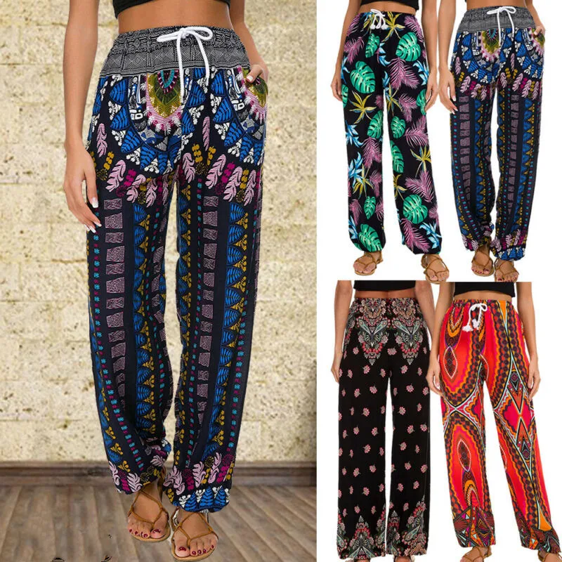 

Womens Wid Leg Pants Print Harem Long Pants Hippie Wide Leg Gypsy Dance Boho Palazzo Trousers Fashion Summer Pants Womens 2019