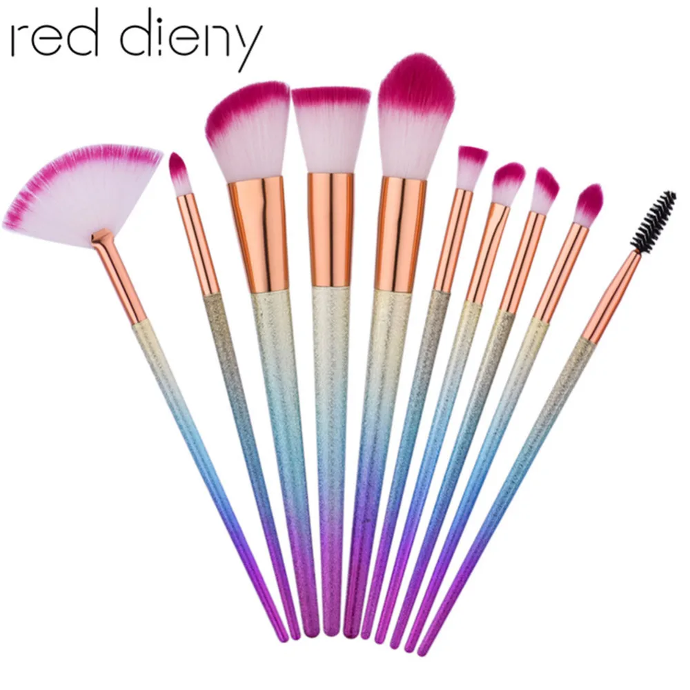 10pcs Face Makeup Brush Set Colorful Glitter Handle Make Up Tool
