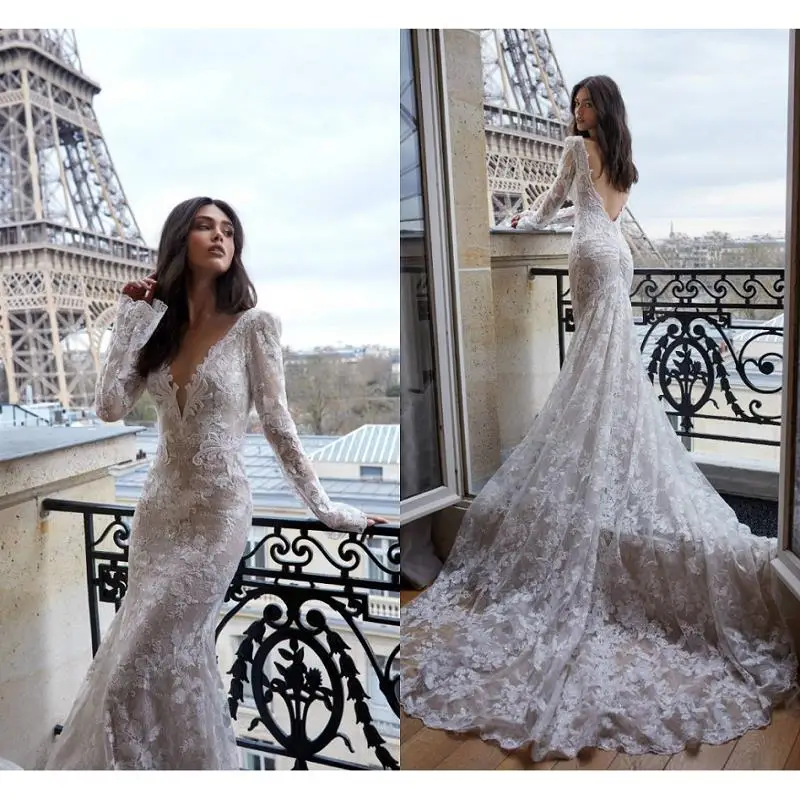 

Elegant Mermaid Lace Wedding Dresses 2019 vestido de noiva Long Sleeve Wedding Gowns Sexy Backless Custom Made Bride Dress