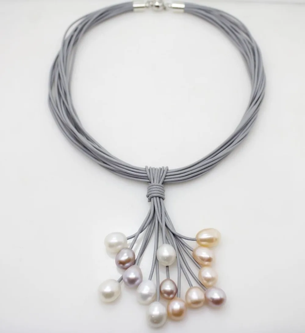 01 12 мм rel blanc rose violet perle d'eau douce pendentif collier en cuir cordon Magnet fermoir bijoux de mode|Ожерелья| |