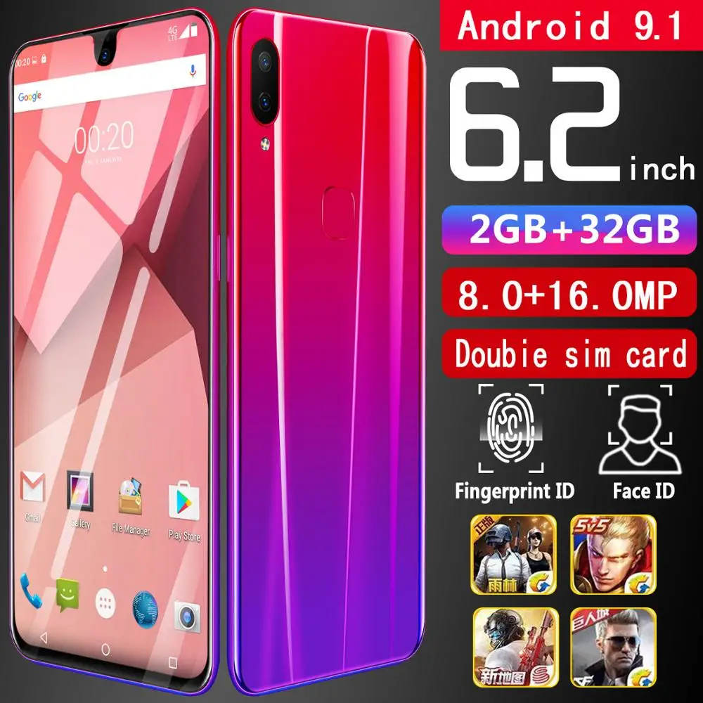 2gb+32gb CHAOAI X23 6.2 Inch Smartphone unlocked Mobile android 9.1 10 core HD cameras 2 sim 2 standby 4G Cellphone