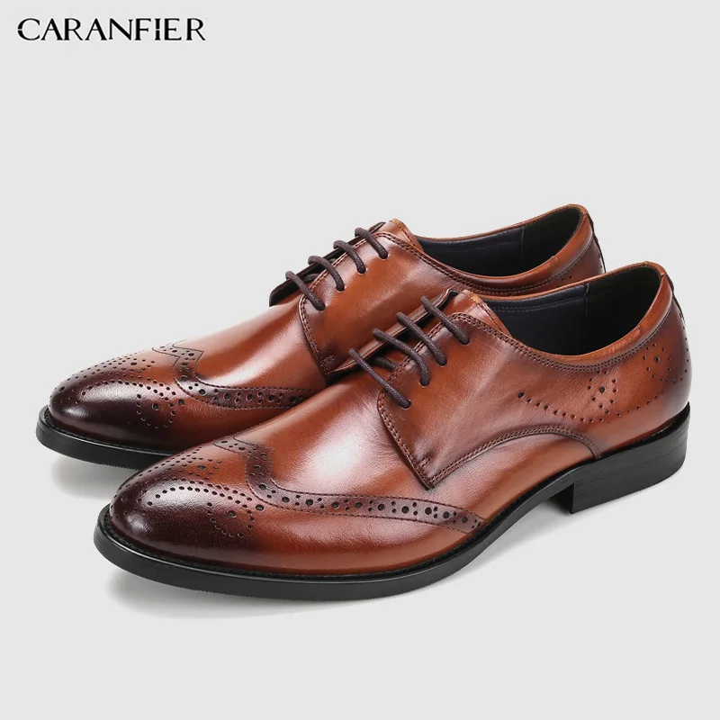 CARANFIER/Мужские модельные туфли из натуральной кожи, с резным узором, однотонные, с острым носком, мягкие, удобные, четыре сезона, деловая обувь