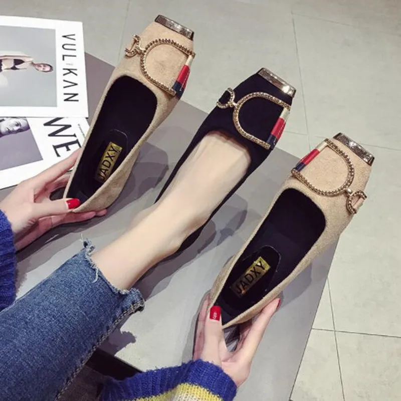 

PADEGAO New 2019 Spring Fashion Women's Square Toe Metal Buckle Flat Shoes Soft Leather Shallow Mouth Woman Ballet Flats Loafe