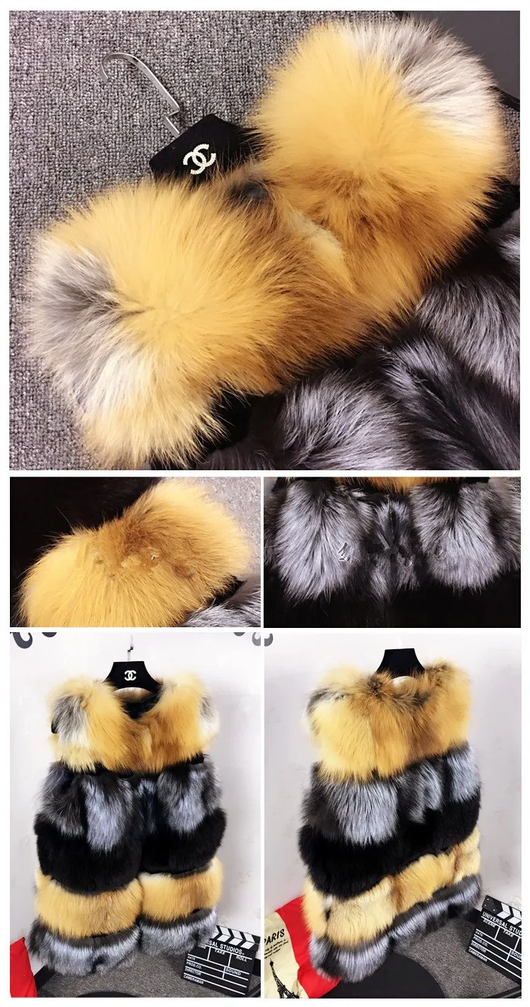 Reroyfu натуральный Лисий Мех животных жилет Для женщин реальные Меховая куртка Подлинная Silver Fox Мех животных пальто плюс Размеры Мех животных