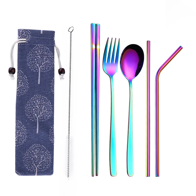 

7 Pcs Colorful Dinnerware Set Stainless Steel Tableware Straws Fork Spoon Chopsticks Set With Cloth Bag Kitchen Gadgets