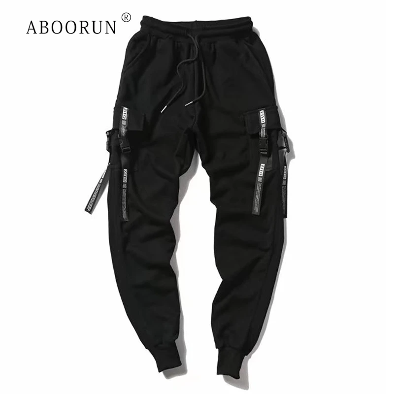 

ABOORUN Hip Hop Joggers Men Harem Pants Multi-pocket Ribbons Man Sweatpants Streetwear Casual Mens Pants Plus Size 8XL R1432