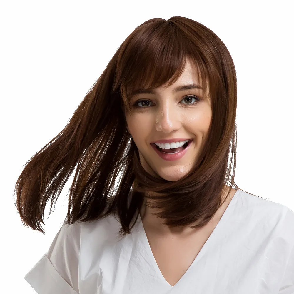 

Factory price 1pc Women Fashion Lady Brown Bangs Straight/Curly Middle Length Wave Wigs 14 Inch Cosplay Wigs Stand Jan25