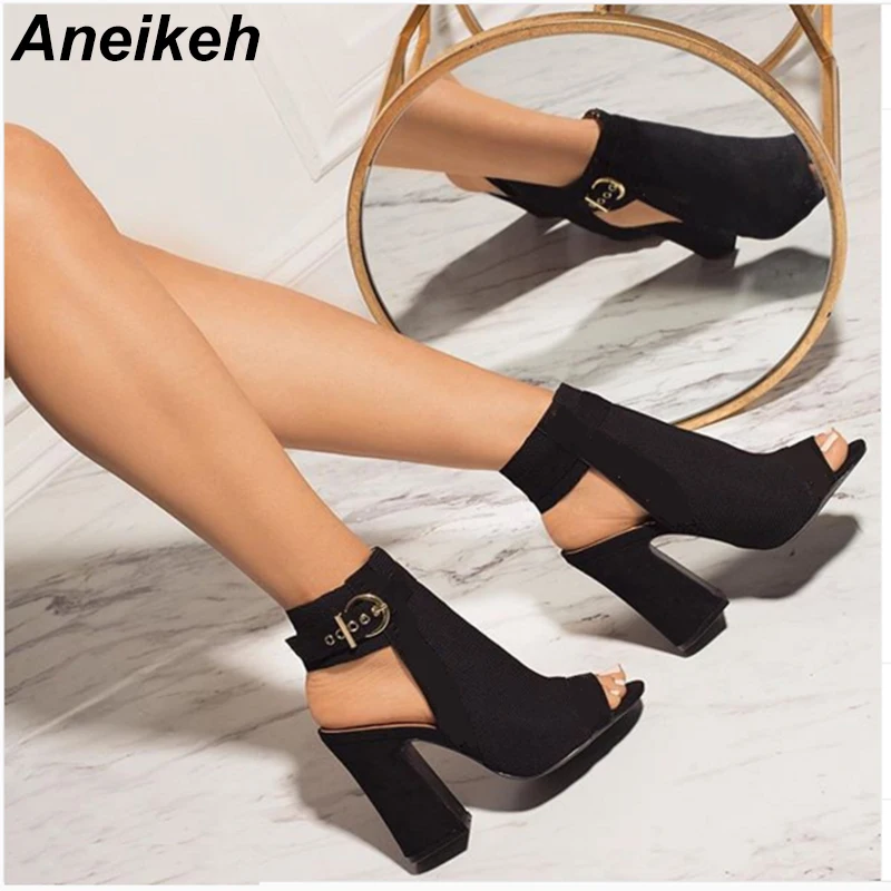 

Aneikeh 2019 Spring/Autumn Flock Ankle Boots Square Toe Buckle Women's Boots Thick Heel Shallow Party Sexy Pumps Size 41 42