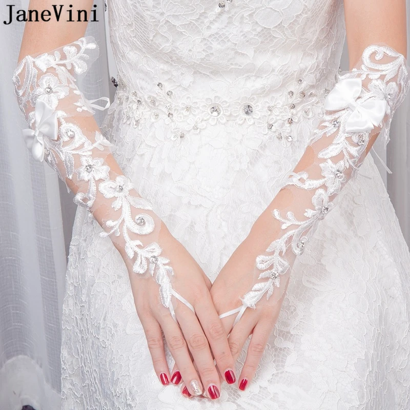 JaneVini 2018 Elegant Elbow Length Lace Beaded White Bridal Gloves Fingerless Women Party Glove Wedding Accessories Guanti Pizzo janevini new fashion winter white bridal boloero faux fur stoles women prom party wraps shawls warm shrugs wedding accessories