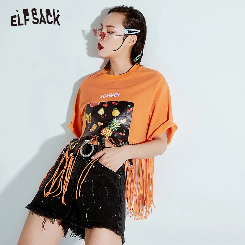 Женская футболка с кисточками ELF SACK, оранжевая футболка из хлопка с буквенным принтом, дамский летний топ большого размера с круглым вырезом, г