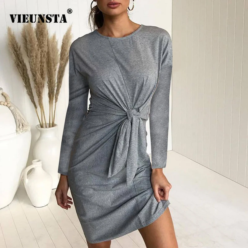 Billige VIEUNSTA Neue Sexy Spitze Up Bogen Elegante Kleid Frauen Herbst Winter Langarm Solide Mini Kleid Casual O Neck Party kleider Vestido
