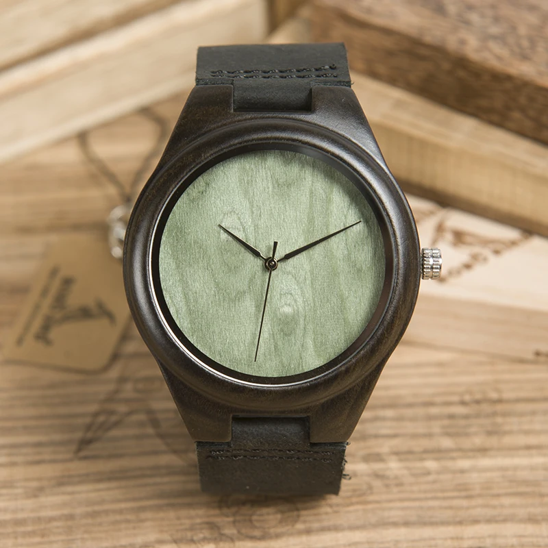 

BOBO BIRD Simple Style Wood Watch for Men Green Dial Quartz Genuine Leather Wristwatch Logo Customize B-F04