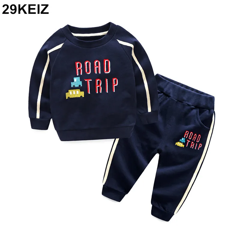 

29KEIZ 2PCS/Set Cotton Boys Clothing Set Embroidery Cars Letters Print Navy Tops + Pants Children Boys Sports Suit 3-8 Years
