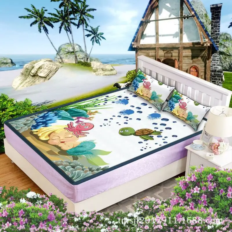 buy Cartoon Underwater World Mattress Protector Cover Washable Bed Topper Sheet Kids Adults Ice Silk Soft Summer Sleeping Bed Mat