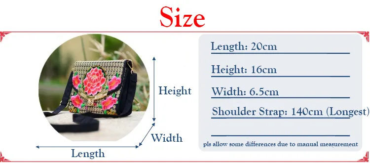 Double sided embroidered shoulder messenger bag