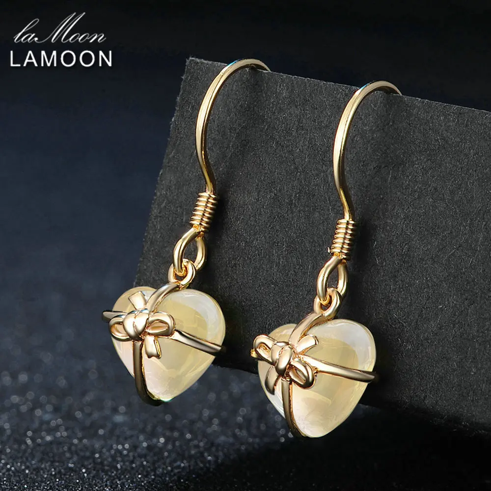 

LAMOON Amber Earring Romantic Heart 100% Natural Citrine 925 Sterling Silver Fine Jewelry Fashion Drop Long Earrings Suspension