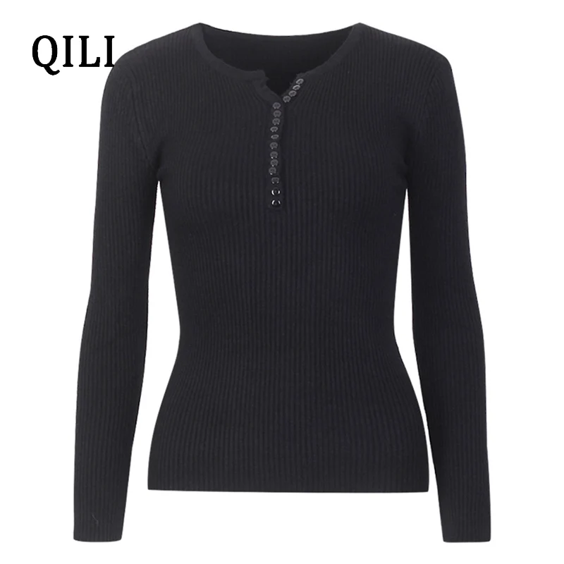 QILI Autumn Winter Women Fashion Knitted Sweater New Arrival Long Sleeve V-Neck Button Solid Pullover Sweater Tops Female QILI Autumn Winter Women Fashion Knitted Sweater New Arrival Long Sleeve V-Neck Button Solid Pullover Sweater Tops Female