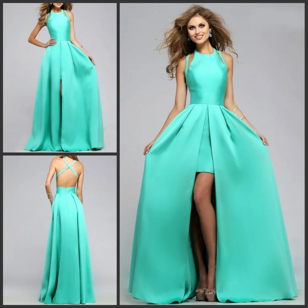 Mint Green Prom Dresses Satin Long Floor Length Backless Short Prom