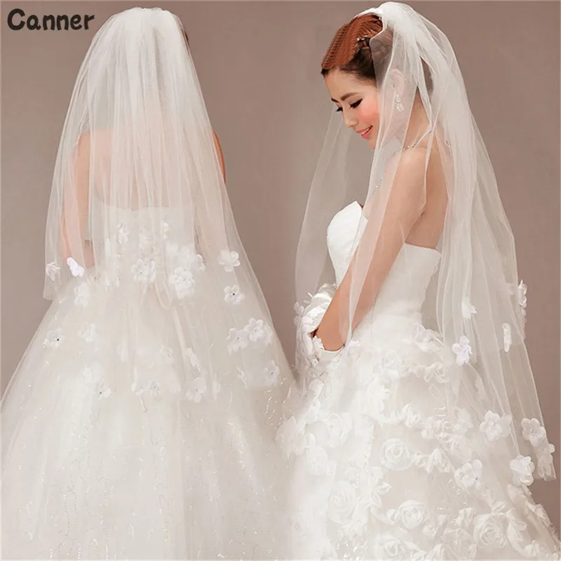 

Canner Cheap Cathedral Flower Lace Edge Bride Veils Two Layer Short Wedding Veil Accessories