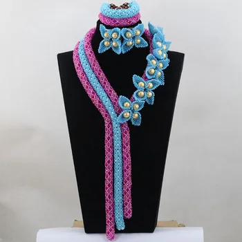 

Fantastic Teal BLue Indian Bridal Crystal Costume Jewelry Set Pink Wedding Necklace Earrings Jewelry for Bride WD251
