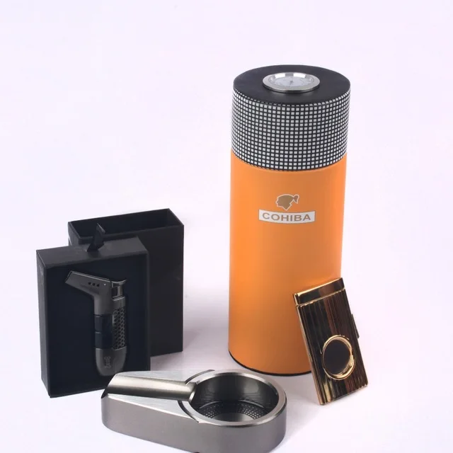 

COHIBA Leather Cedar Wood Lined Cigar Travel Case Mini Humidor Cutter Ashtray