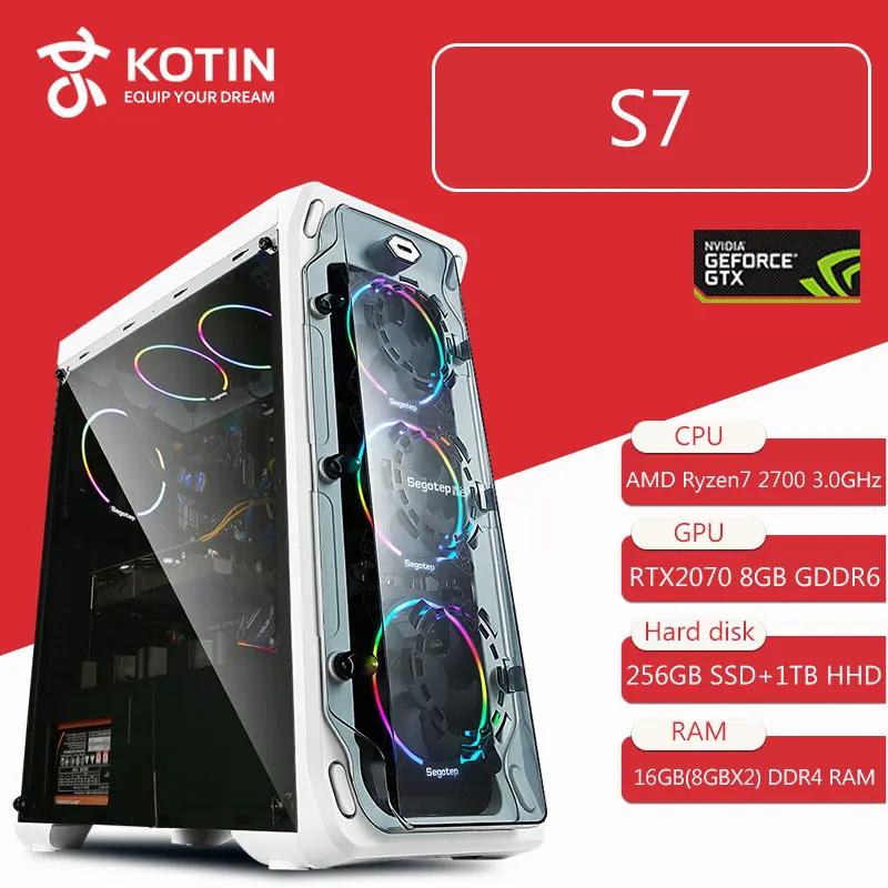 KOTIN S7 игровой ПК настольный компьютер Ryzen 7 2700 GeForece RTX2070 Intel 256GB SSD WD 1 ТБ HDD 16GB ram Corsair 650W жидкостный охладитель