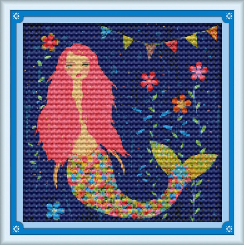 Watercolor mermaid cross stitch kit people 18ct 14ct 11ct count print