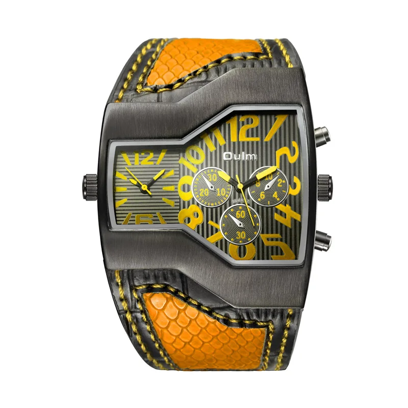 Oulm, топ, люксовый бренд, мужские кварцевые часы, двойное отображение времени, Змеиный ремешок, повседневные мужские спортивные часы, часы, relogio masculino - Цвет: Цвет: желтый
