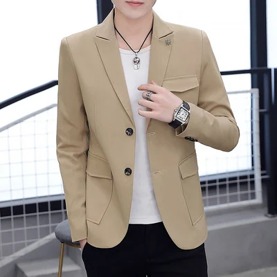 Корейский модный мужской бейзер пиджак желтый однотонный винтажный приталенный костюм пальто модный уличная верхняя одежда мужской блейзер - Цвет: Хаки