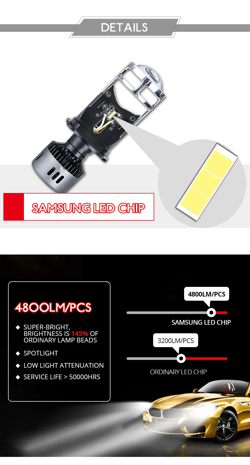 Aceersun H4 LED H4 Spotlight car headlight 6500K Hi L o beam Bulb CANBUS have Mini Projector Lens 48W 9600LM 12V 24V 9003 HB2 (4)