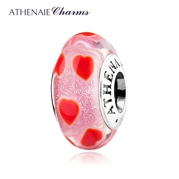 

ATHENAIE 925 Sterling Silver Charms Pink Love Hearts Murano Glass Beads Compatible European Bracelets Bnagles Necklace for Women