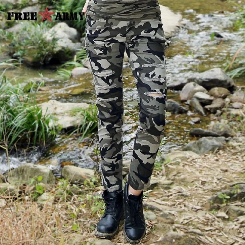 Армейские женские брюки-карандаш, одноцветные сексуальные обтягивающие женские брюки, камуфляжные обтягивающие штаны с дырками, винтажные тянущиеся осенние повседневные штаны, GK-9591B