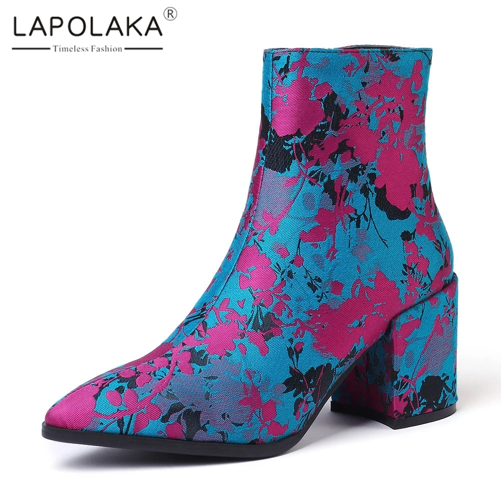 

Lapolaka Brand New Big Size 34-43 Pointed Toe Print Flowers Lady High Heels Shoes Woman Casual Party Ethnic Style Ankle Boots