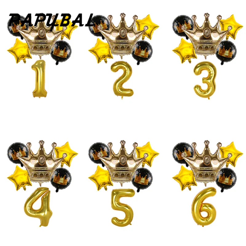 6pcs 32inch Number Foil Balloons 1 2 3 4 5 Years Old Kid Boys Girls Gold Crown Happy Birthday Balloon Baby Shower Decor Supplies