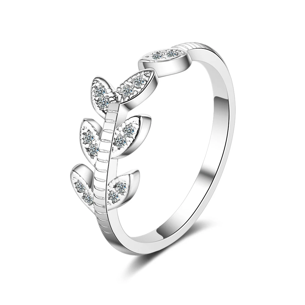 

ANENJERY Simple Branches Leaves Ring For Women Zircon 925 Sterling Silver Adjustable Ring S-R468