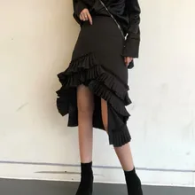 Модные Слои раза оборками нерегулярные юбка Высокая Талия Плиссированная Юбка Femme черный, белый цвет осень-зима Для женщин юбка Уличная