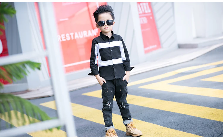 VearDoller Casual Children's Tops Summer Autumn Long Sleeve Cotton Kids Shirts Black White Patchwork Boys Shirts 2-8Years