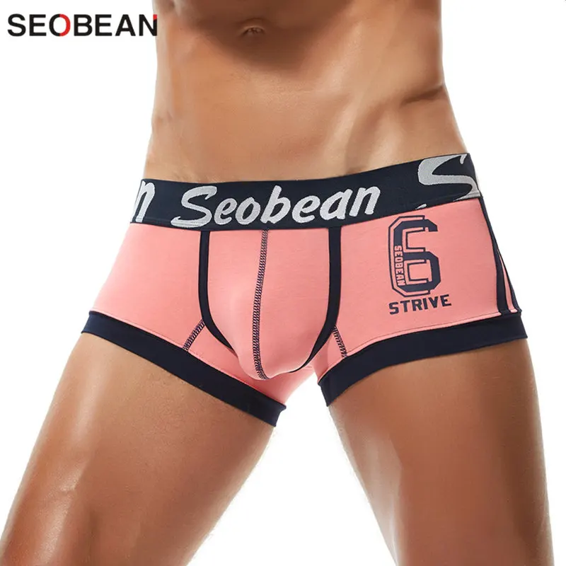 Мужские хлопковые трусы боксеры SEOBEAN дышащие с принтом и низкой талией