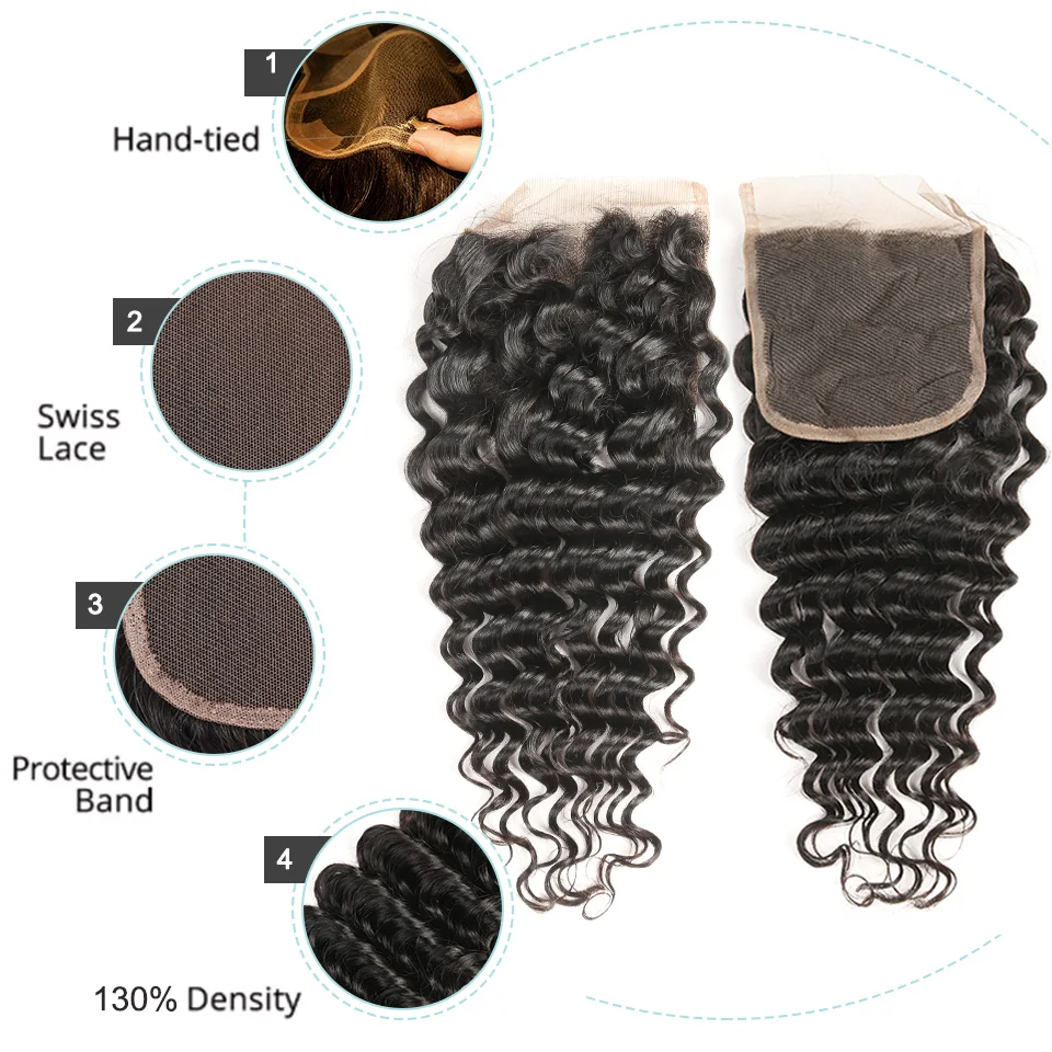  Black Pearl Human Hair Deep Wave Bundles With Closure Non-Remy Malaysian Hair Bundles With Closure 