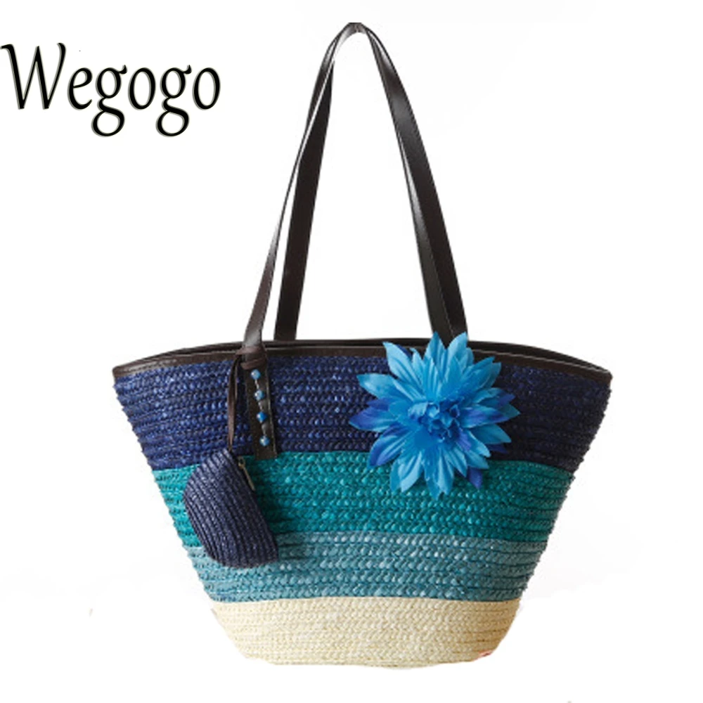 

Wegogo Women Beach Handbag Boho Fashion Knitted Straw Bag Casual Bucket Bag Big Tote Travel Shopping Bag Bolsa Feminina