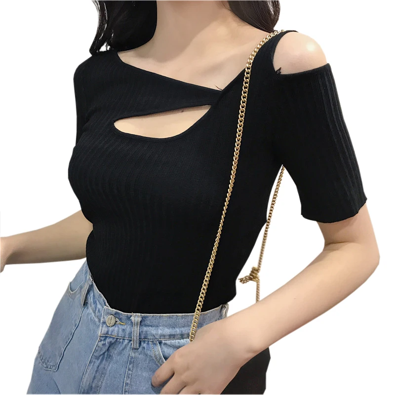 Irregular Neckline Cutout Chest Knitted Back Tee 2018 Summer Women Top